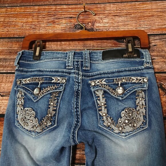 Sexy Couture Jeans Size 7 Low Rise Skinny Embellished Distressed Blue Denim - Picture 5 of 12
